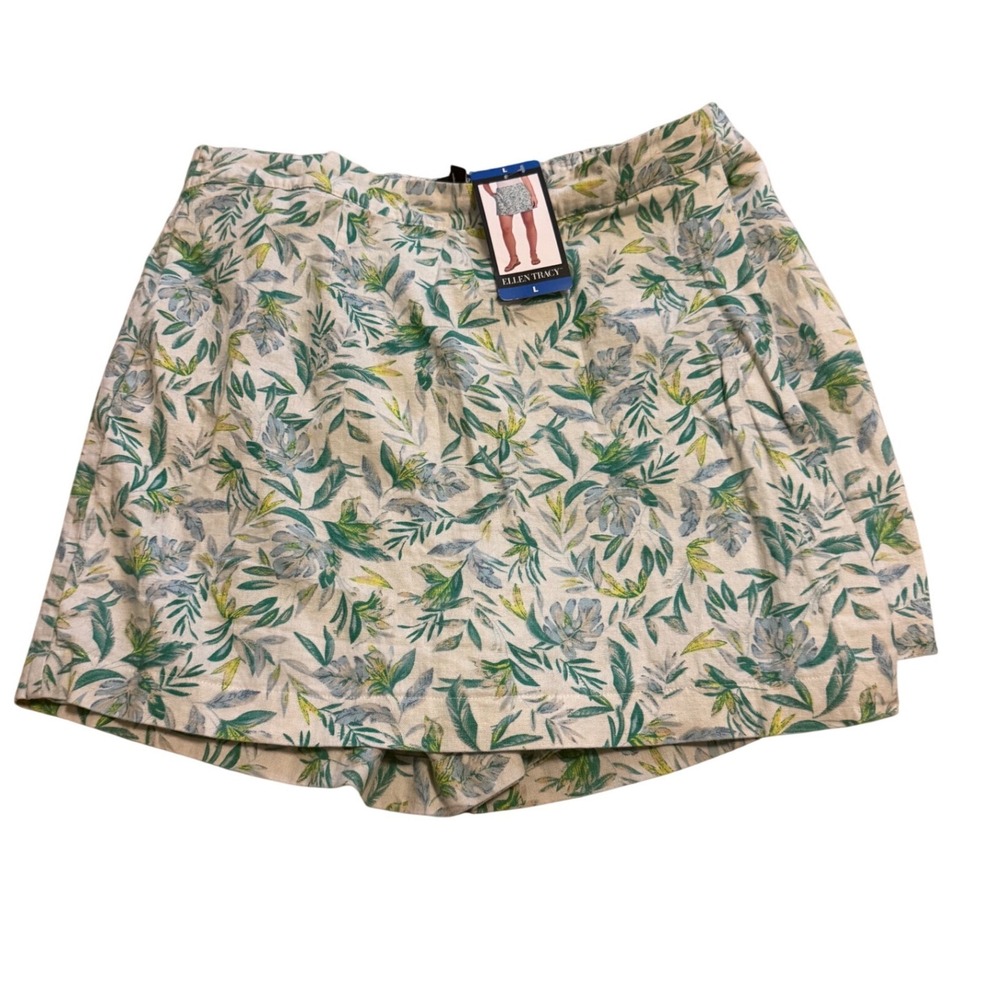 Ellen Tracy Skort Women Large Green White NWT Tropical Linen Blend Floral Leaf